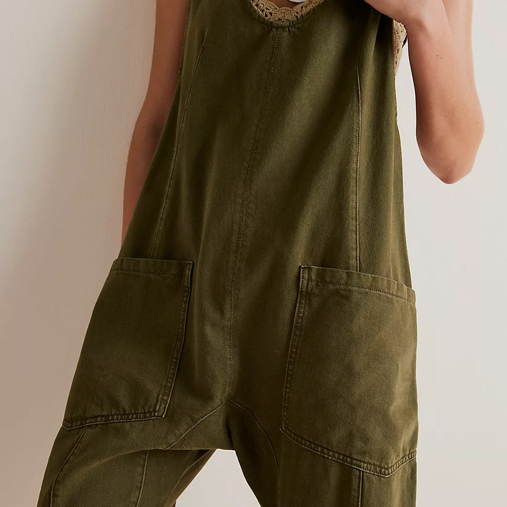 
                      
                        Front design details on the Moss Stone High Roller Jumpsuit by Free People
                      
                    