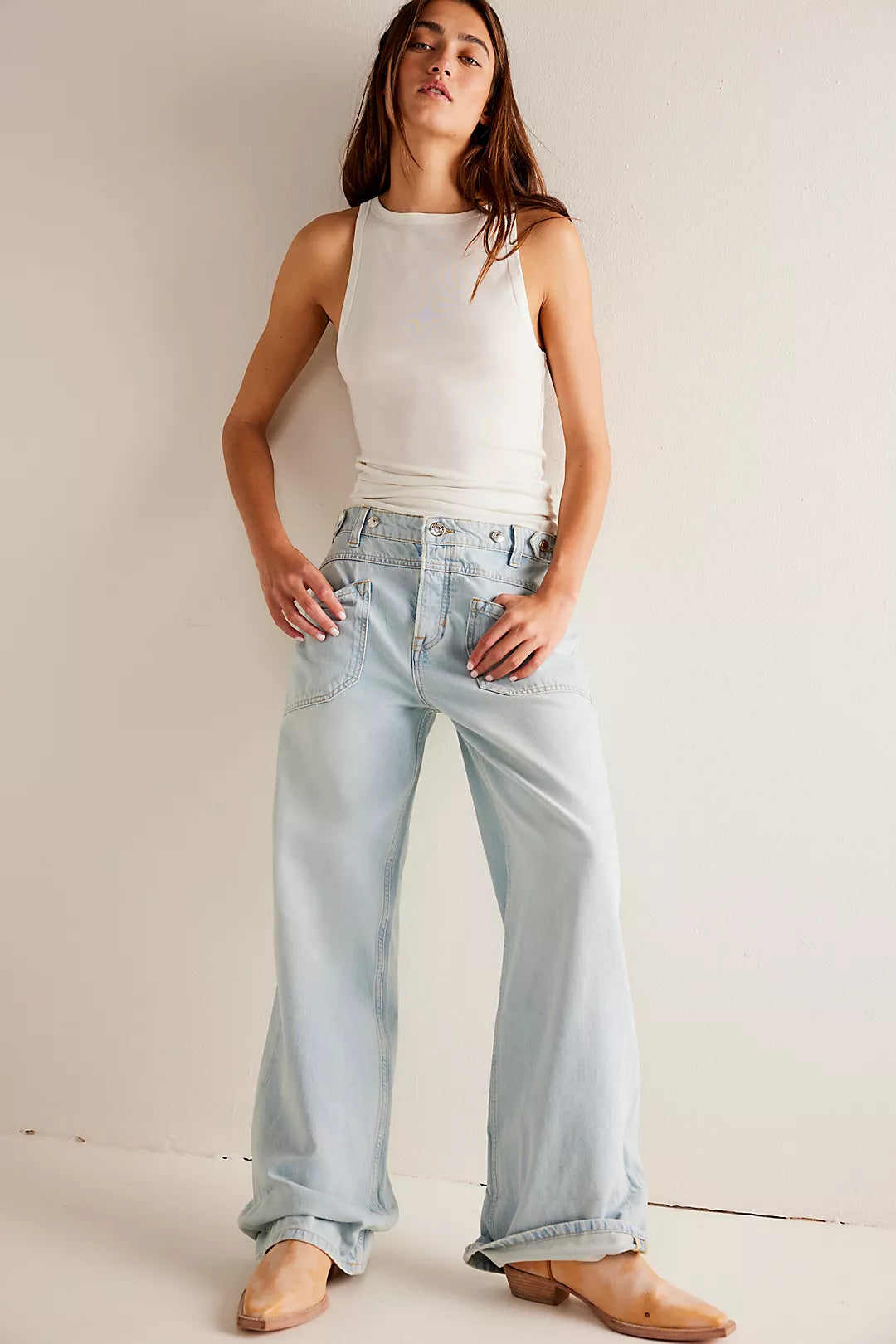 The light wash Palmer Cuffed Jean by Free People in the color Daydream Blue