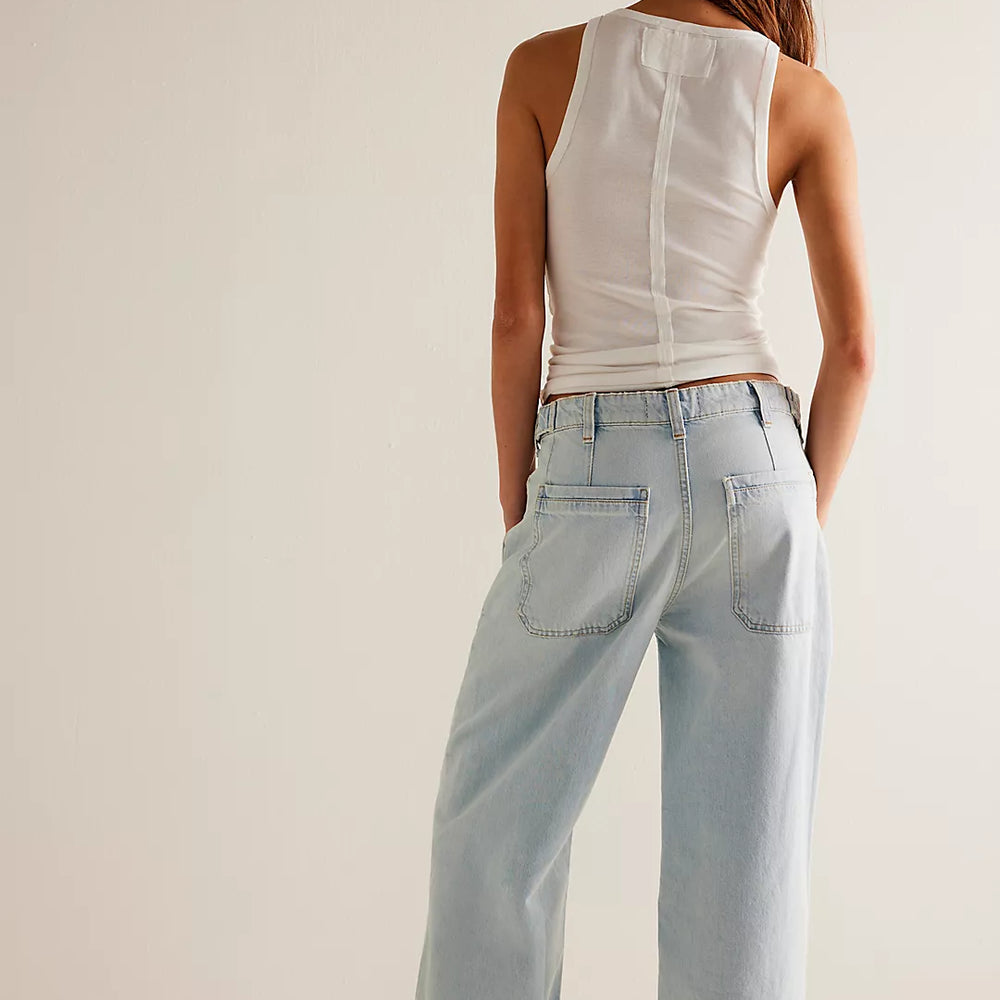 
                      
                        Back view of the light wash Palmer Cuffed Jean by Free People in the color Daydream Blue
                      
                    