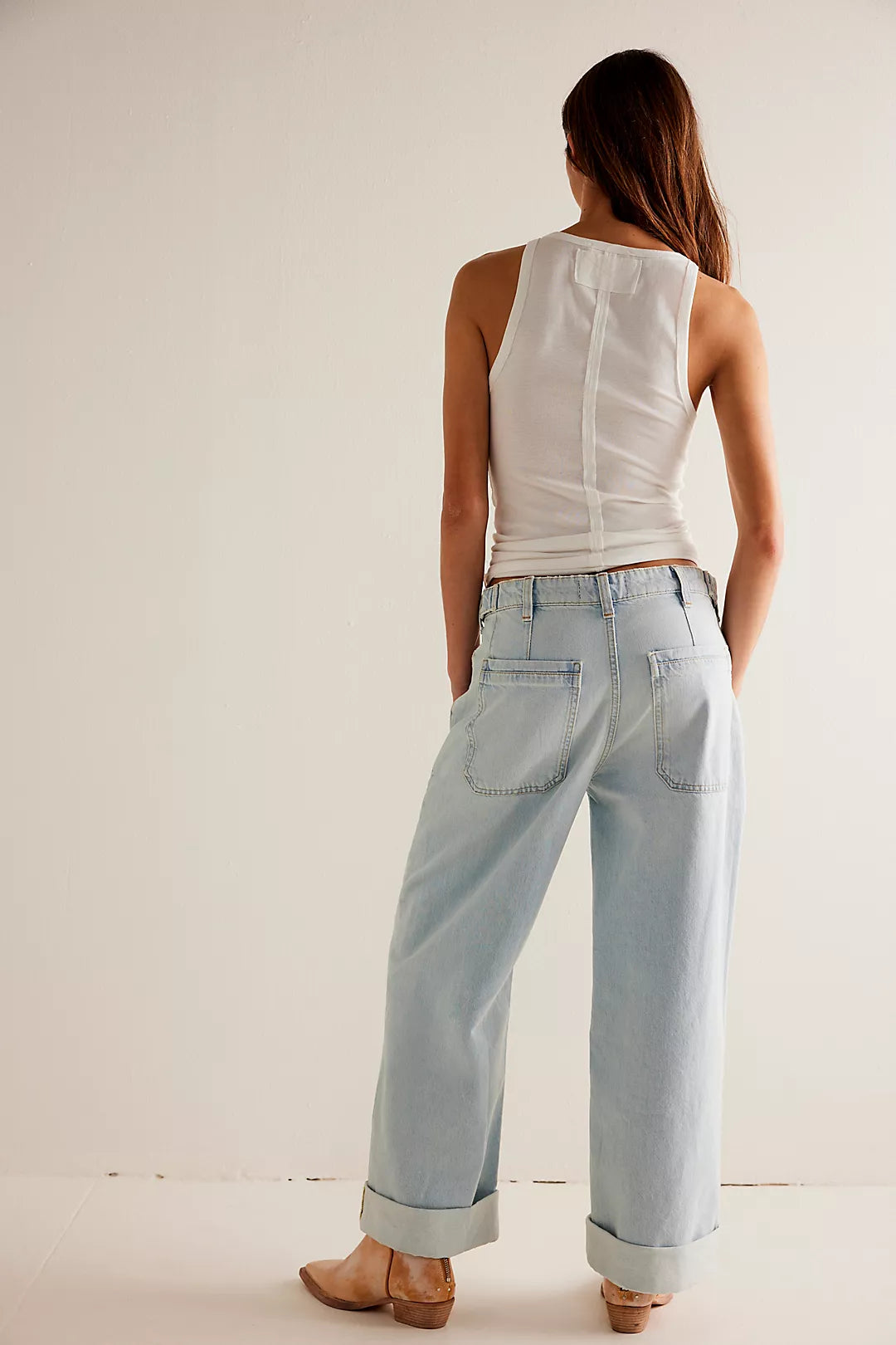 Back view of the light wash Palmer Cuffed Jean by Free People in the color Daydream Blue