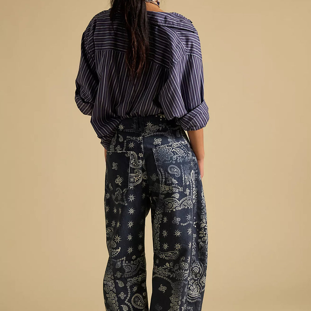 Free People Good Luck Printed Barrel Jean