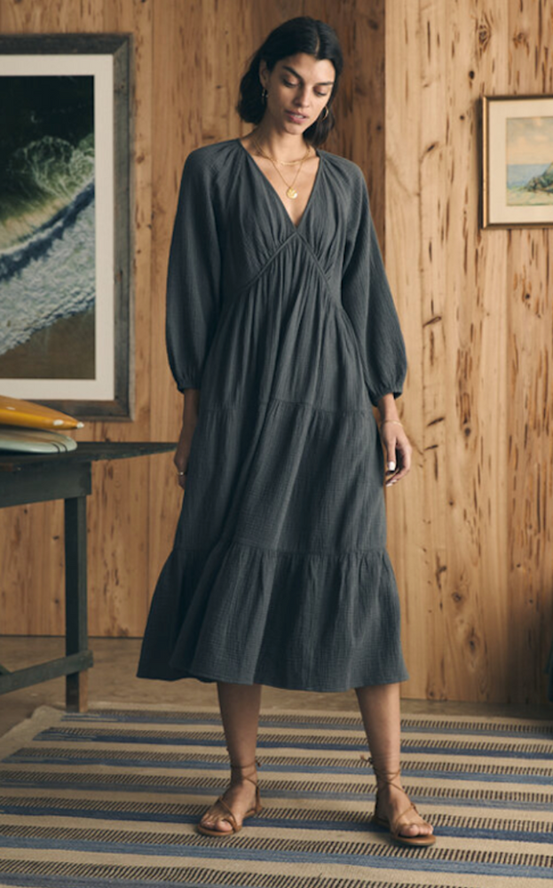 
                      
                        Front view of Faherty's washed black Cotton Gauze Sirene Midi Dress
                      
                    