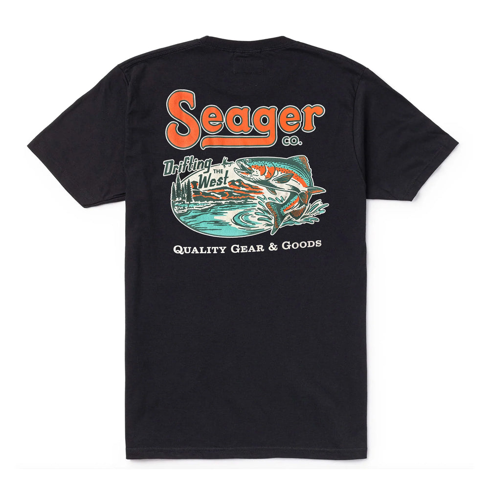 
                      
                        Back view of the Black Drifting The West short sleeve t-shirt by Seager
                      
                    