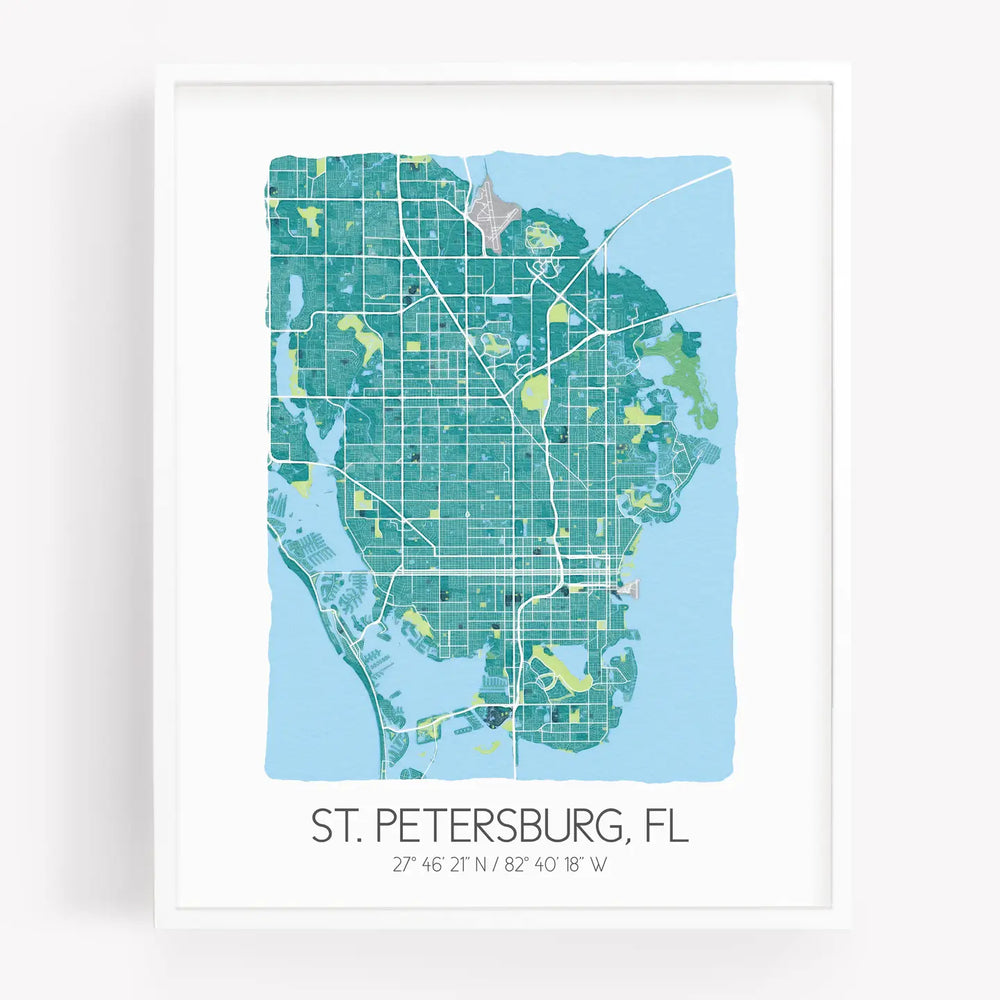 
                      
                        The St. Petersburg Florida Map Prints by Sparks House Co. in the color teal
                      
                    