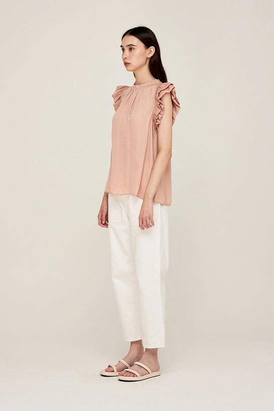 Side view of the Pink Clay Bubble Sleeve Olson Satin Blouse sold at Harbour Thread