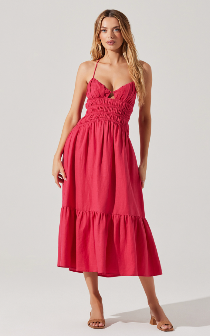 Step out in style with a flattering fit and bold fuchsia hue of the Eleni Midi Dress by ASTR, now available at Harbour Thread women's boutique. 