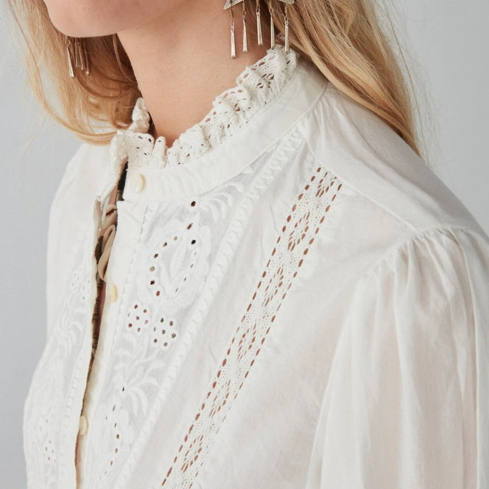 
                      
                        Top design detail on the Emmanuelle Blouse by Maison Hotel 
                      
                    