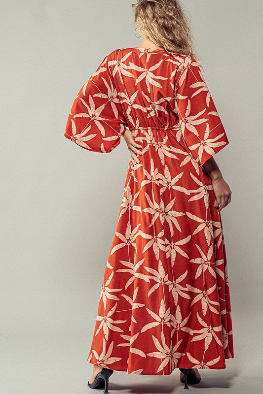 rust color palm print maxi dress