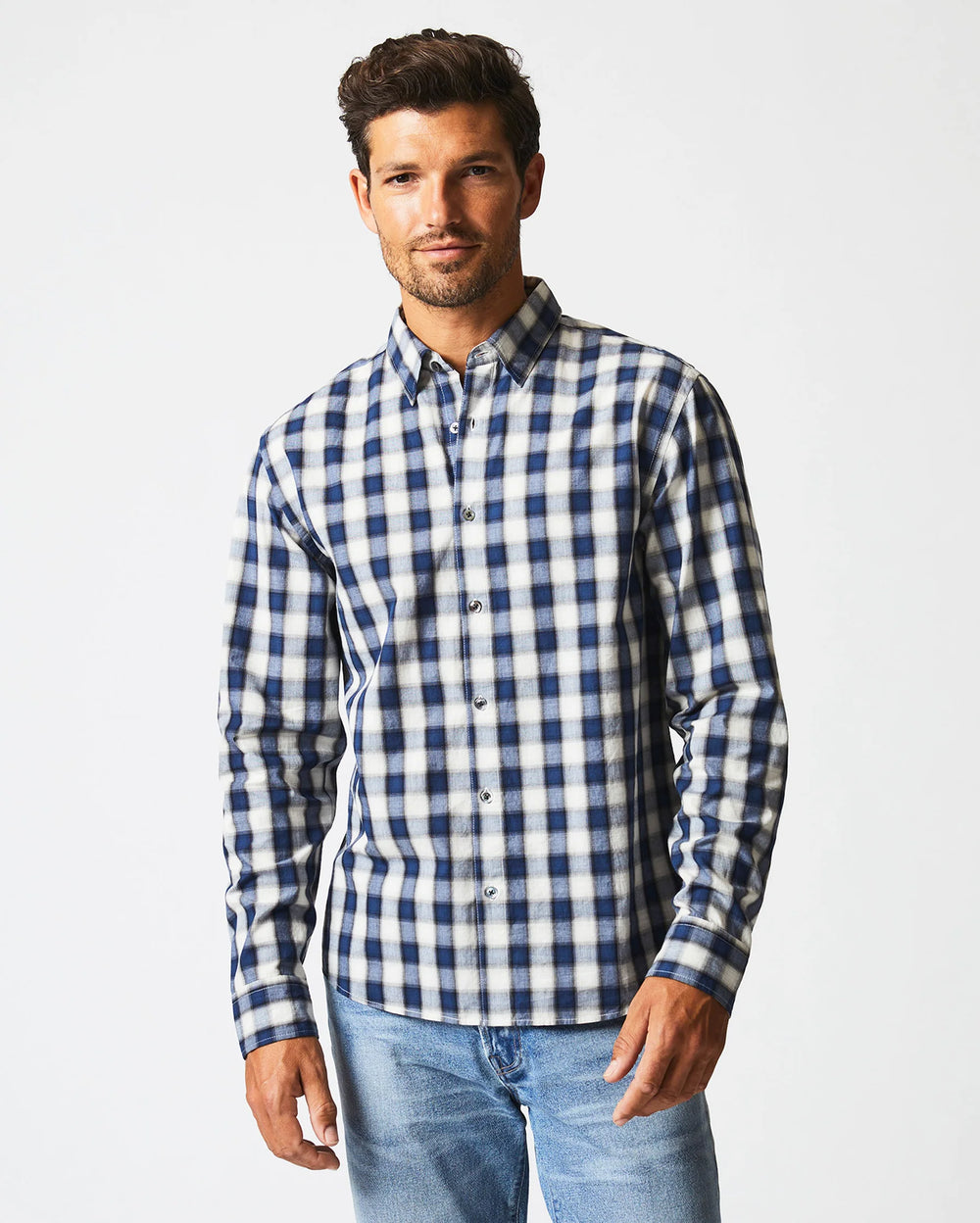 Billy Reid Shadow Plaid Tuscumbia Shirt Hidden Bd - Blue/Natural