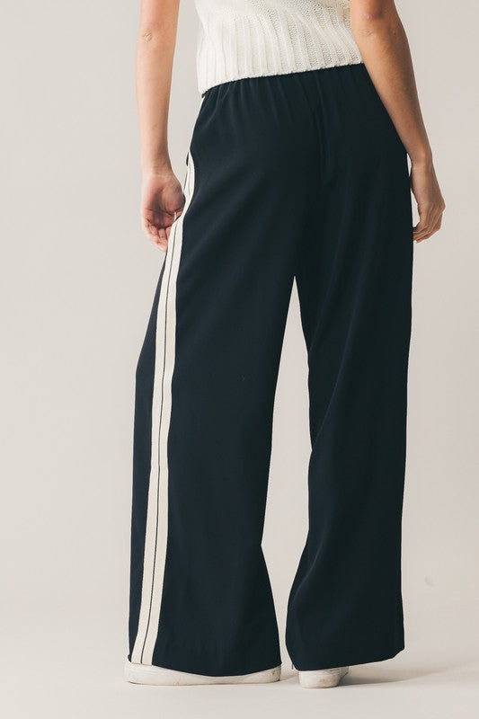 
                      
                        wide leg side stripe lounge pants with drawstring waist
                      
                    