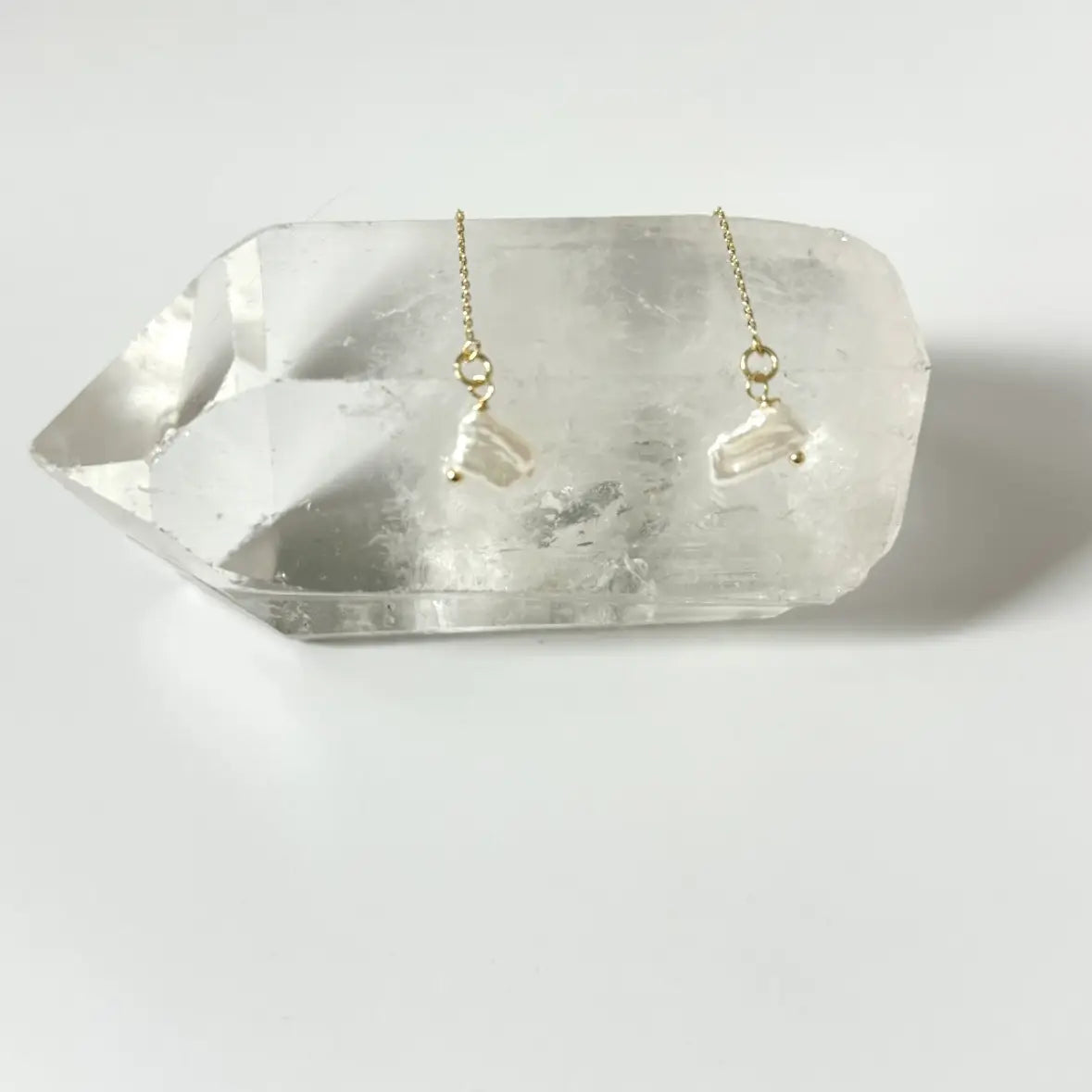 Gold plated over brass threader earrings with baroque pearls by Tramps + Thieves