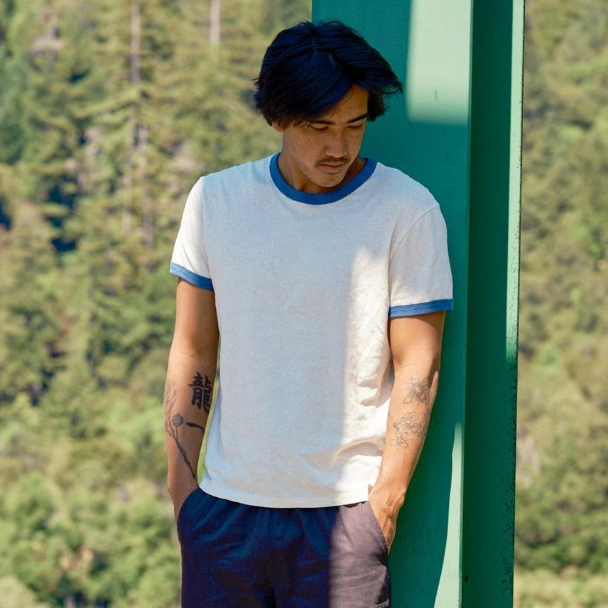 Mollusk Men's Hemp Ringer Tee in Natural/Navy
