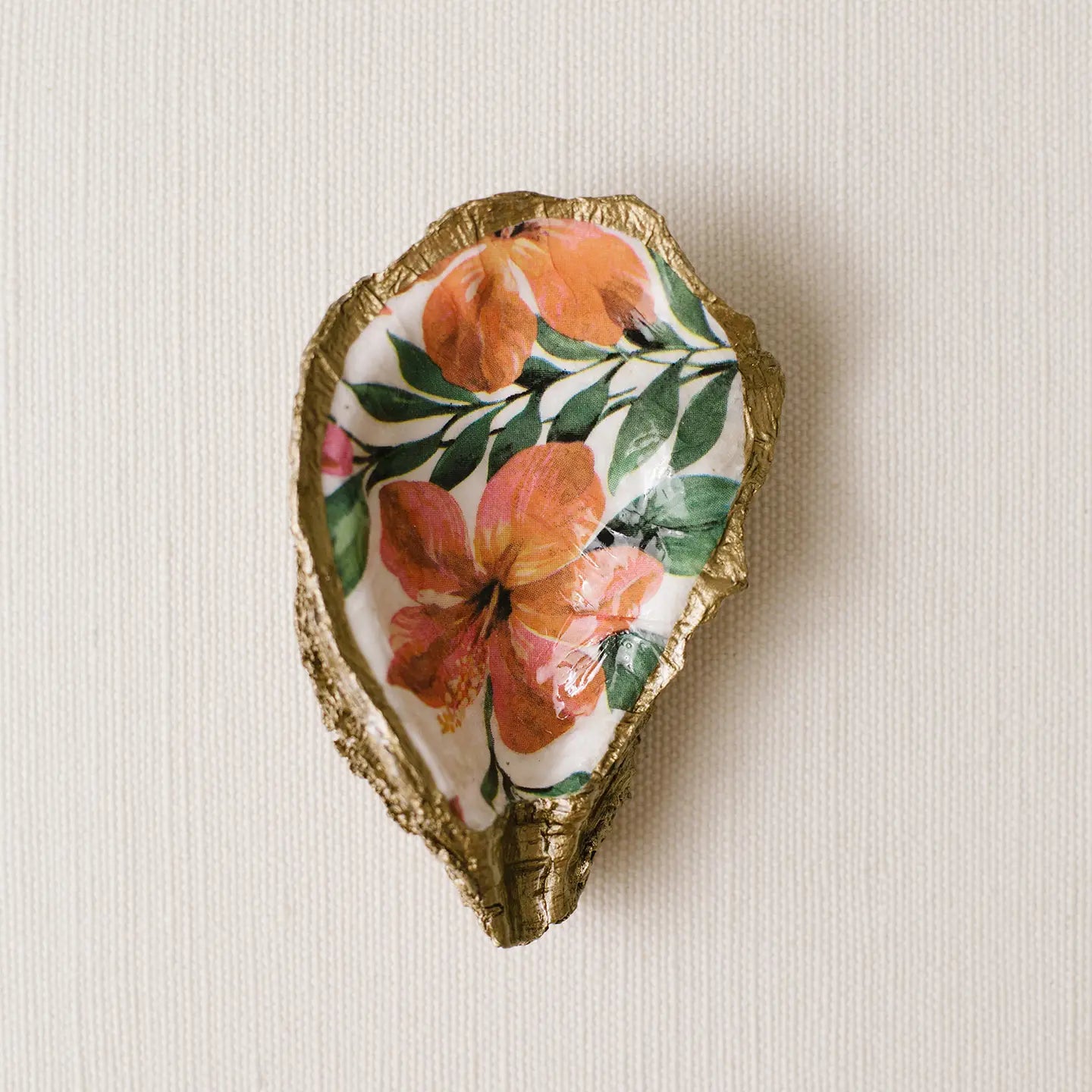 The Tropical Hibiscus Decoupage Oyster Jewelry Dish by Grit and Grace Studio