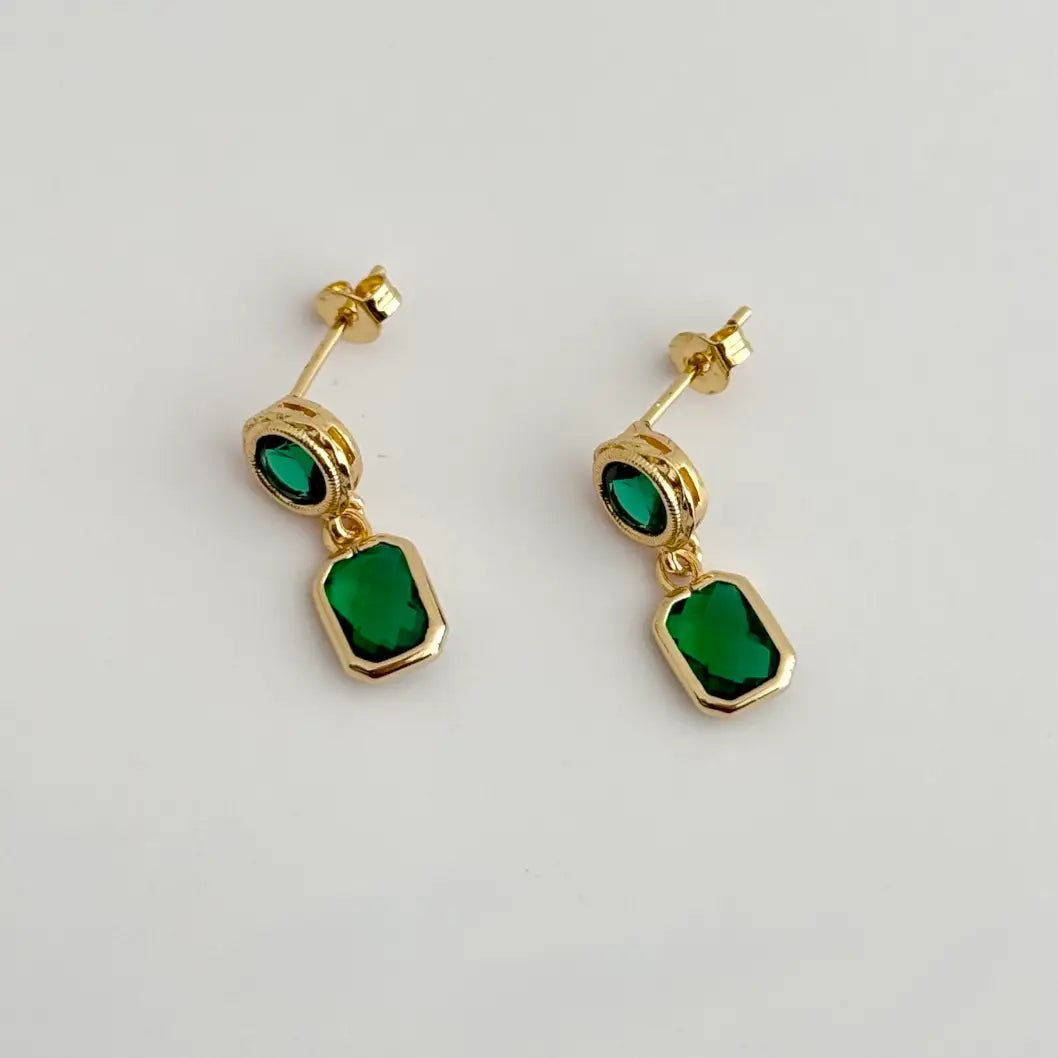 The Jayden Earrings are 14K Gold Filled with emerald CZ stones dainty earrings by Tramps + Thieves, available at Harbour Thread