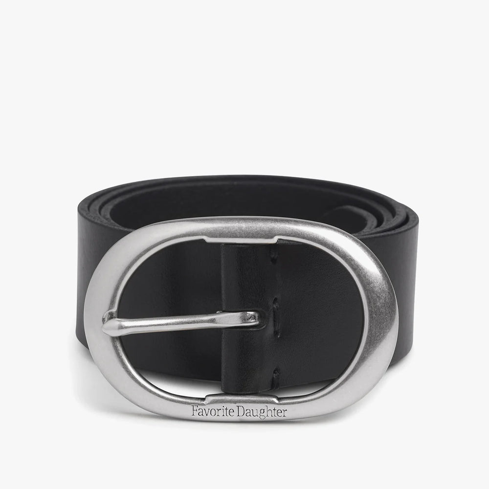 Black belt with a silver buckle with Favorite Daughter engraving