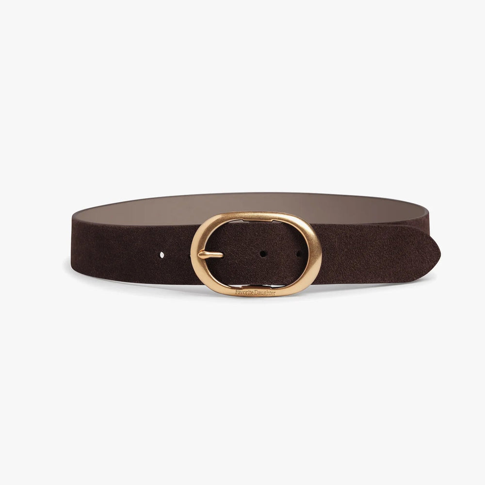 The Suede Jean Belt in the color Chocolate/Antique Brass