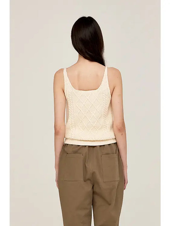 Load image into Gallery viewer, back view of woman wearing a cream color cable knit sweater tank
