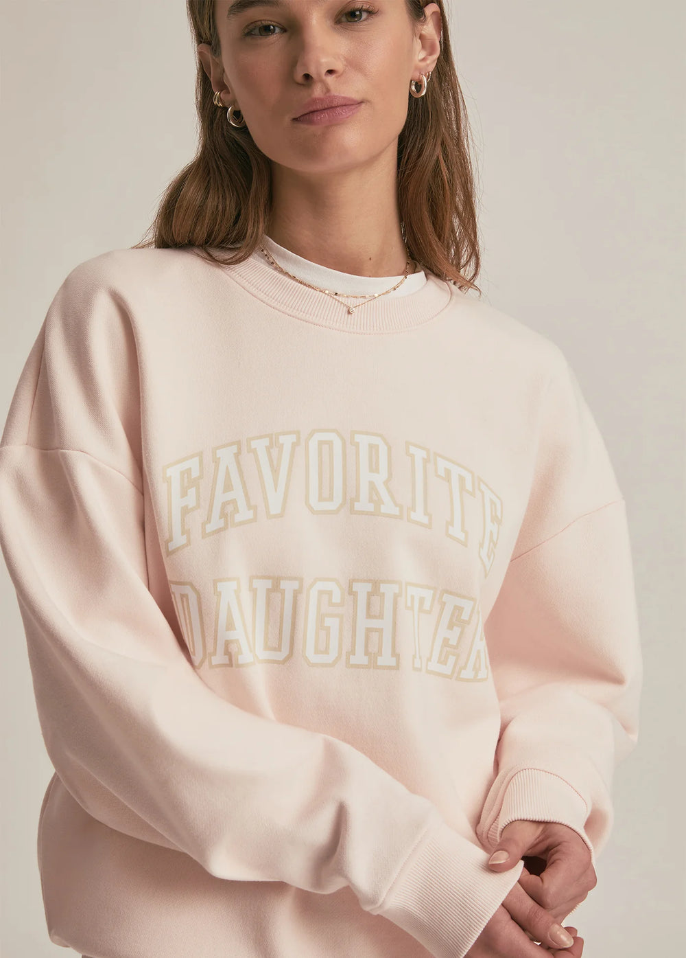 The Favorite Daughter Collegiate Sweatshirt is available at Harbour Thread in the color Rosewater/Snow White