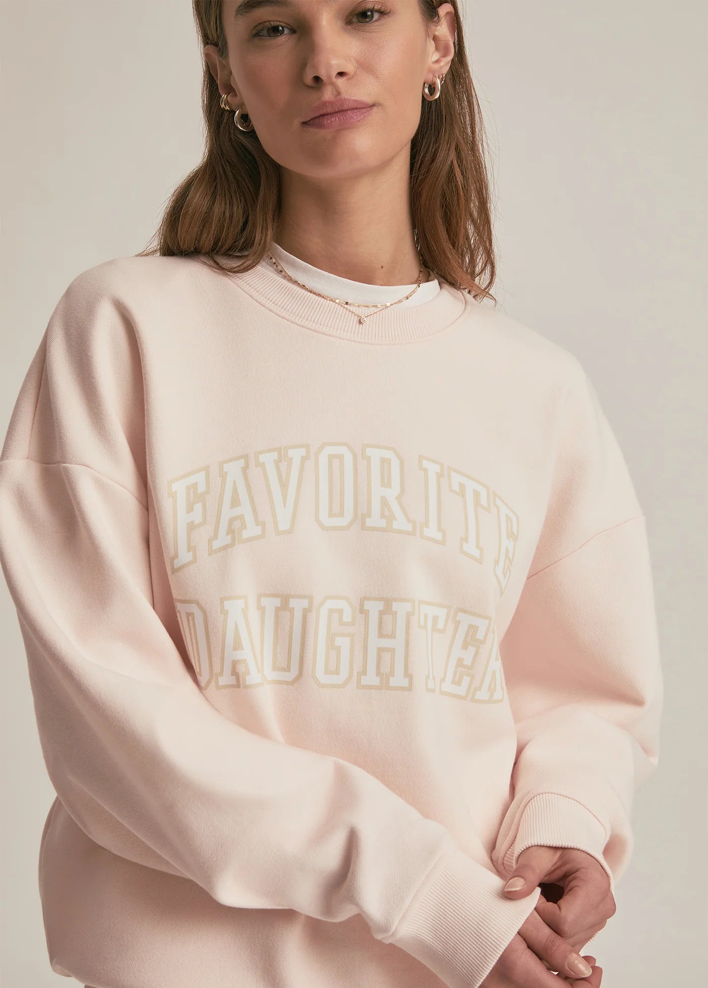The Favorite Daughter Collegiate Sweatshirt is available at Harbour Thread in the color Rosewater/Snow White