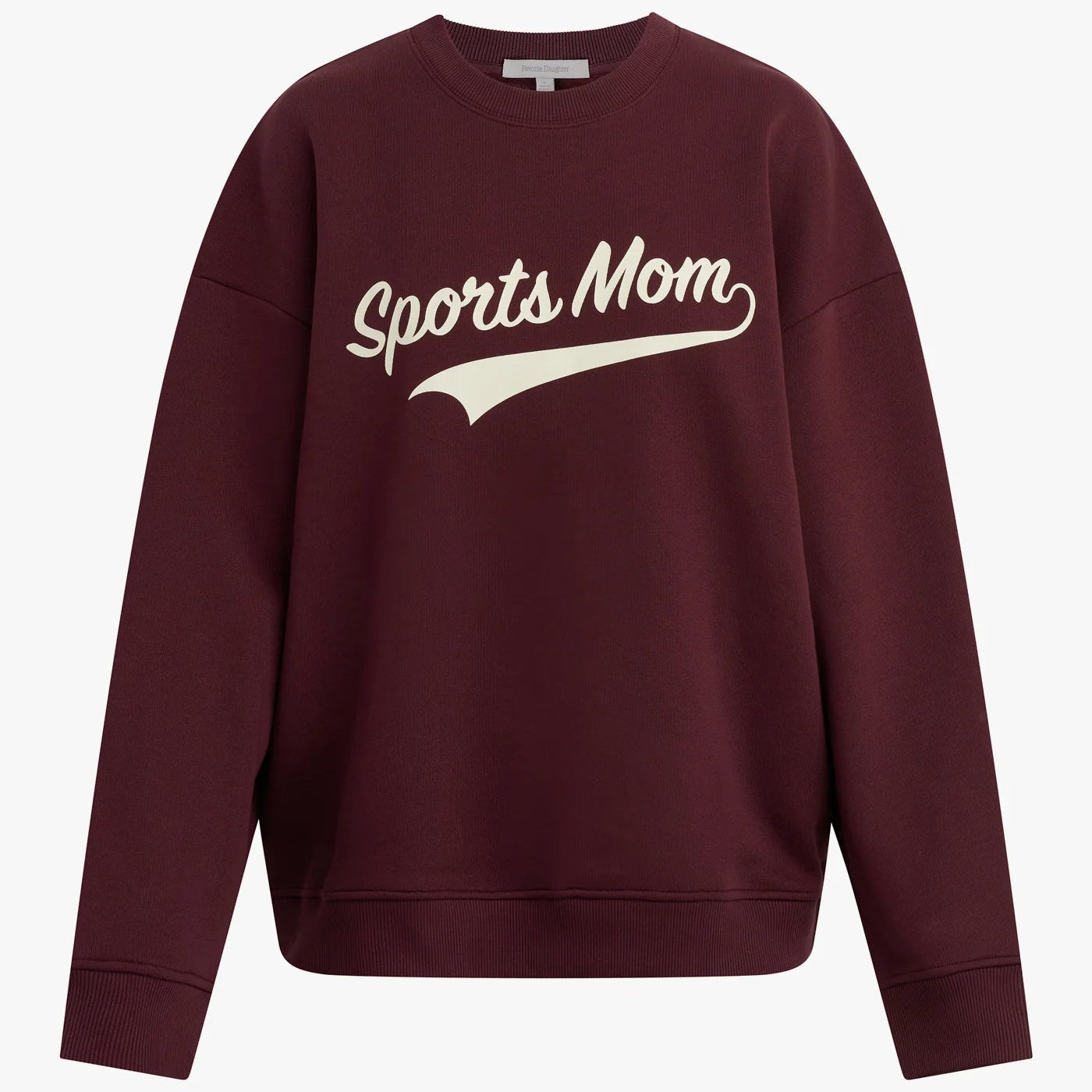 Maroon sweatshirt with 'Sports Mom' text on a white background