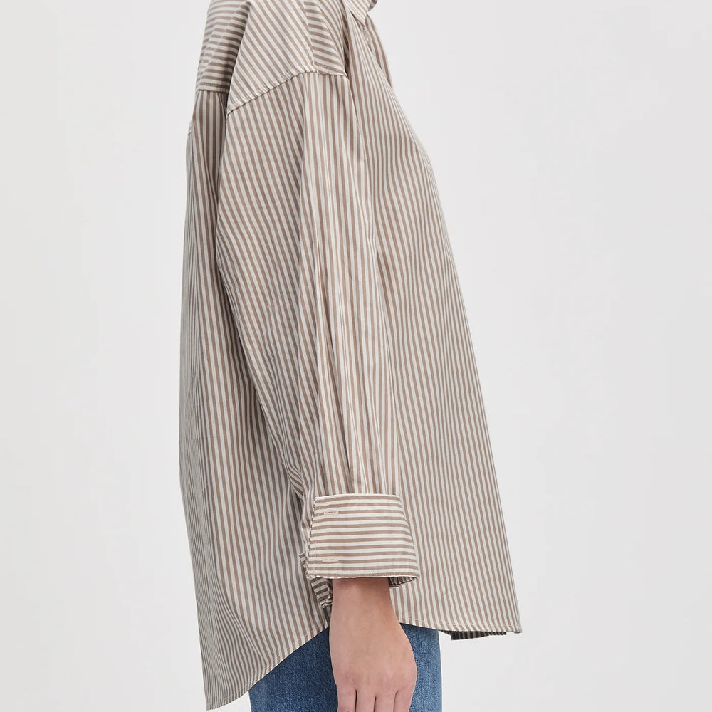 
                      
                        Women's mocha stripe oversized button up shirt
                      
                    