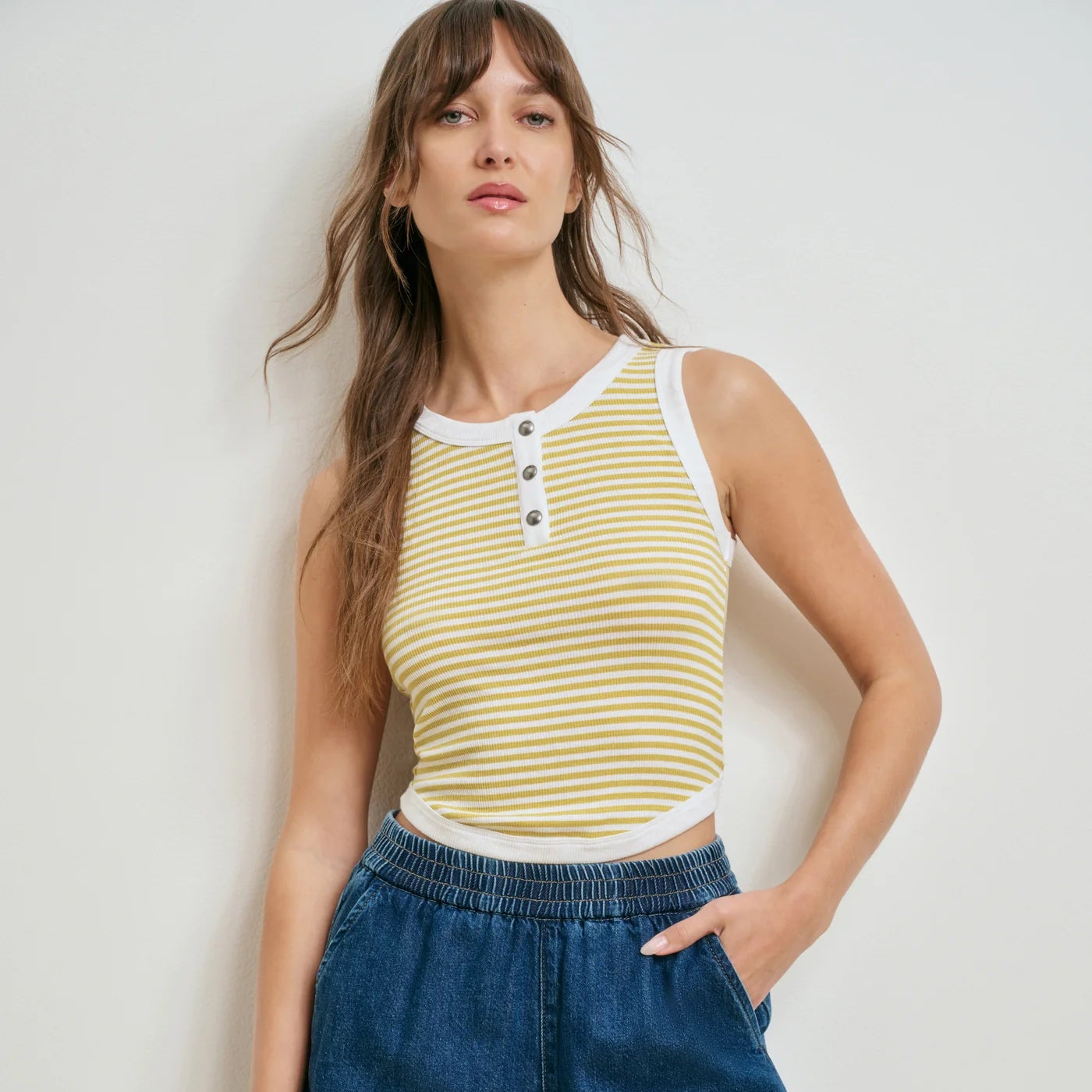 Favorite Daughter The Foundation Tank in Golden White Stripe, available now at Harbour Thread boutique
