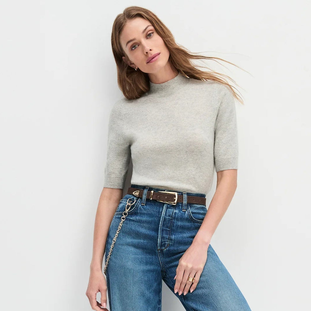 A woman wearing the Light Heather Grey Bonnie Top by Favorite Daughter