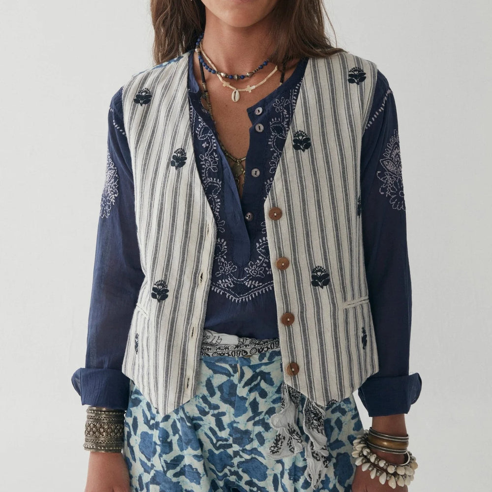 Front view of the White Stripes Giada Vest by Maison Hotel