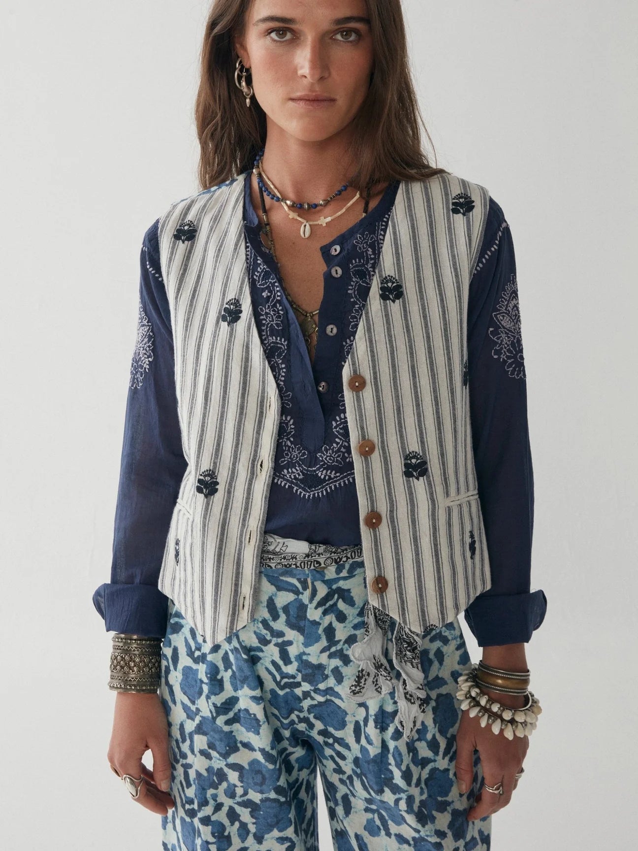 Front view of the White Stripes Giada Vest by Maison Hotel