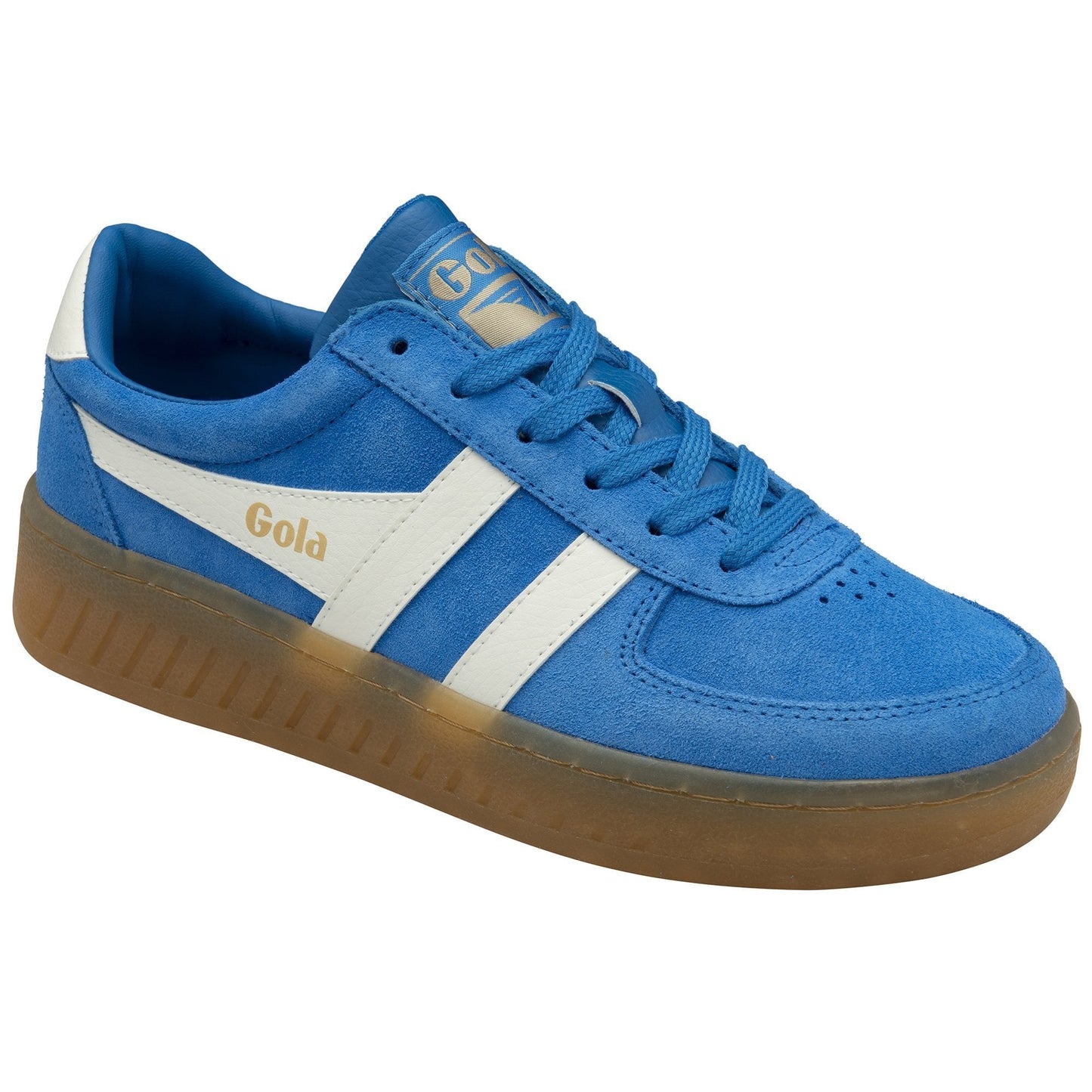 Blue sneaker with white stripes and gum sole from Gola
