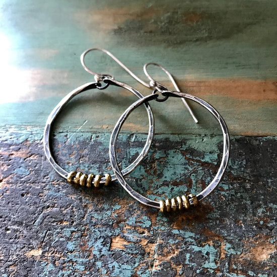 Load image into Gallery viewer, Jennifer Kahn Small Silver Hoop Earrings with Brass Heishi
