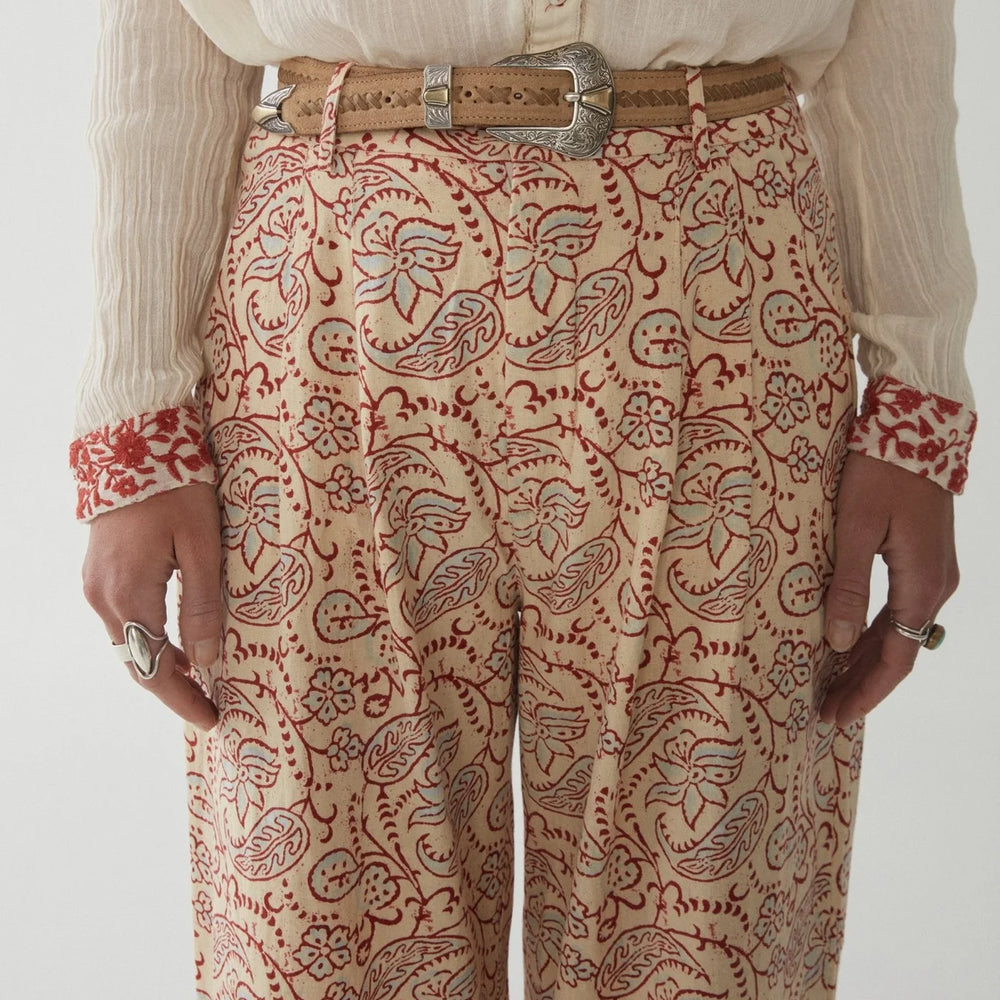 
                      
                        Front detail view of the Maison Hotel Indira Pant in the print Elvis Paisley
                      
                    