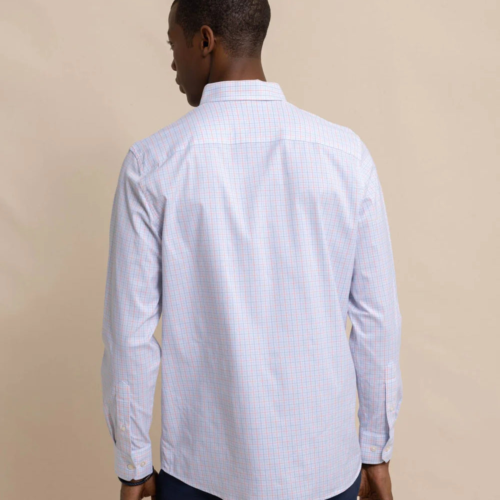 Back view of Southern Tide's Intercoastal Falls Park Plaid Sport Shirt in the color Clearwater Blue