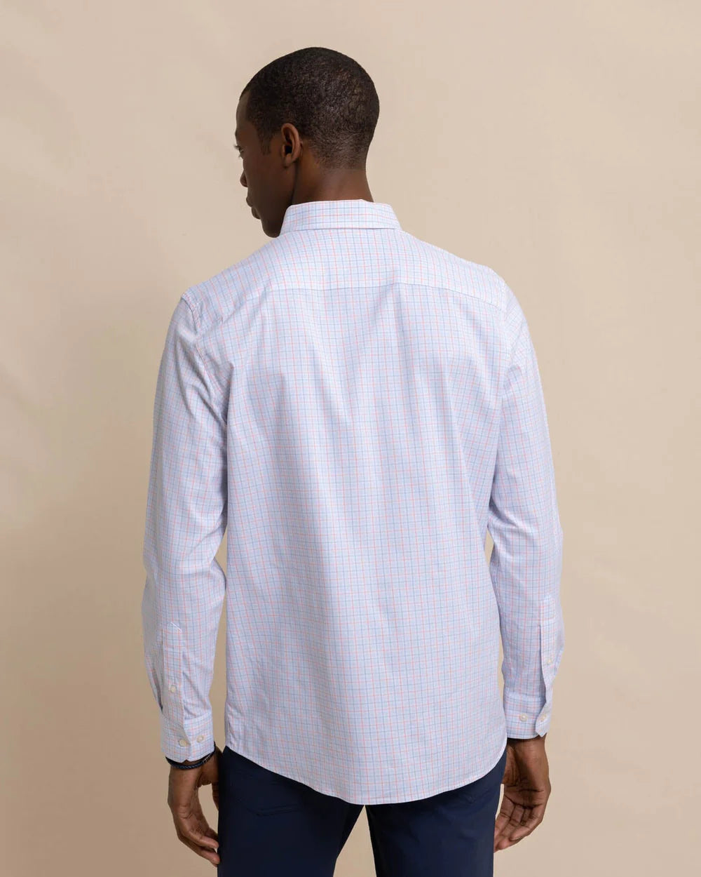 Back view of Southern Tide's Intercoastal Falls Park Plaid Sport Shirt in the color Clearwater Blue