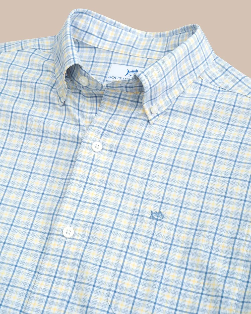 Design detail on Southern Tide's Intercoastal Falls Park Plaid Sport Shirt in the color Coronet Blue