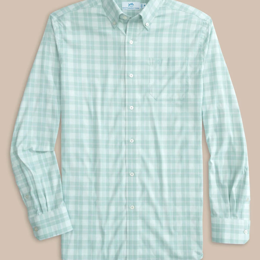 Front view of long sleeve plaid men's shirt