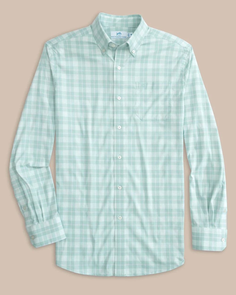 Front view of long sleeve plaid men's shirt