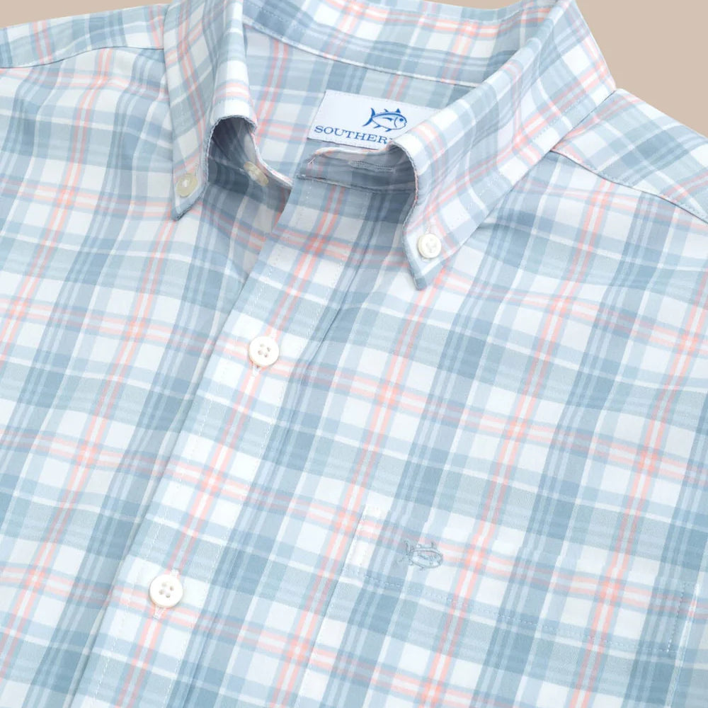 Design detail on Southern Tide's Intercoastal West End Plaid Long Sleeve Sport Shirt in the color Subdued Blue