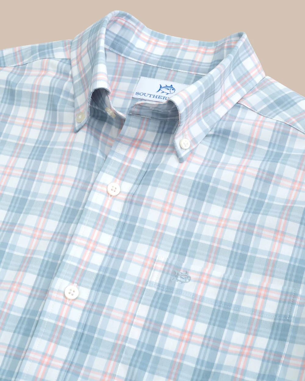 Design detail on Southern Tide's Intercoastal West End Plaid Long Sleeve Sport Shirt in the color Subdued Blue