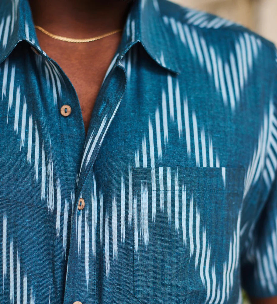 
                      
                        Rich blue ikat print short with single chest pocket
                      
                    