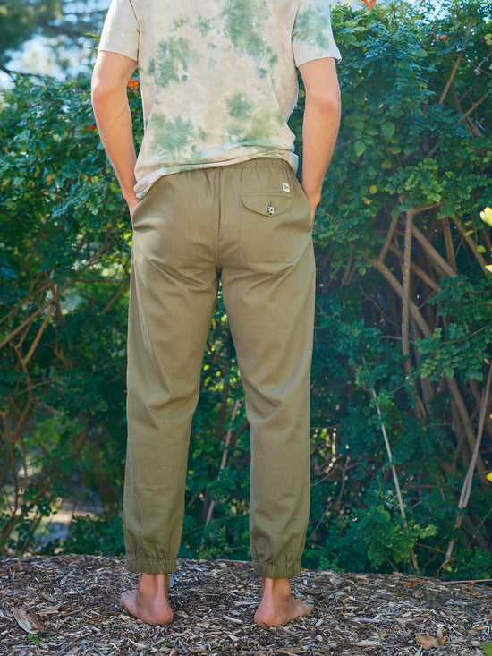 Back view of Mollusk's Jeffrey Pants in the color Faded Mash Green