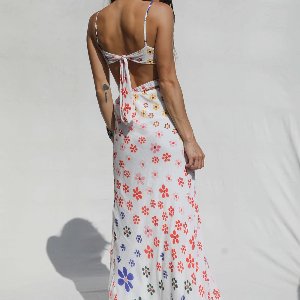 
                      
                        Back view of the rainbow floral Painted Daisy Seine Maxi Dress by Jen's Pirate Booty
                      
                    