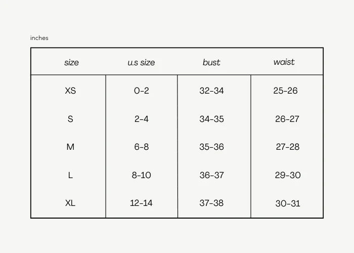 
                      
                        Women's size guide in inches for Perfect White Tee tops
                      
                    