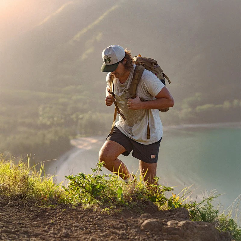 
                      
                        Man hiking with a backpack on a mountain trail with a scenic view of a lake
                      
                    