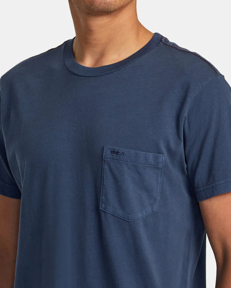 
                      
                        Front pocket detail on RVCA's PTC II Pigment Short Sleeve Tee in the color Moody Blue
                      
                    