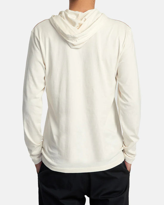 Back view of man wearing a long sleeve pullover hoodie in the color Latte