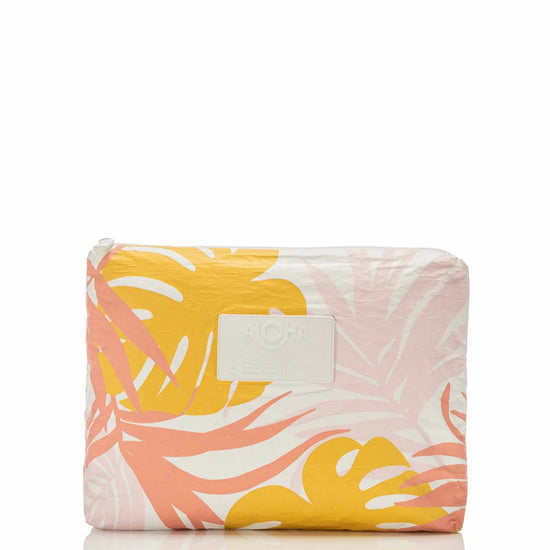 front view of the yellow and pink tropical print Mid Tropics Pouch by Aloha Collection