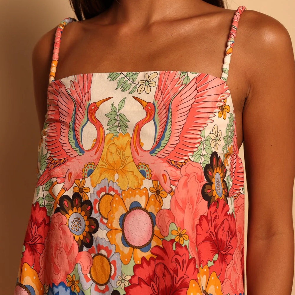 
                      
                        Front design detail on the Dancing Birds Scarlett Shift Mini Border Dress by Shore
                      
                    