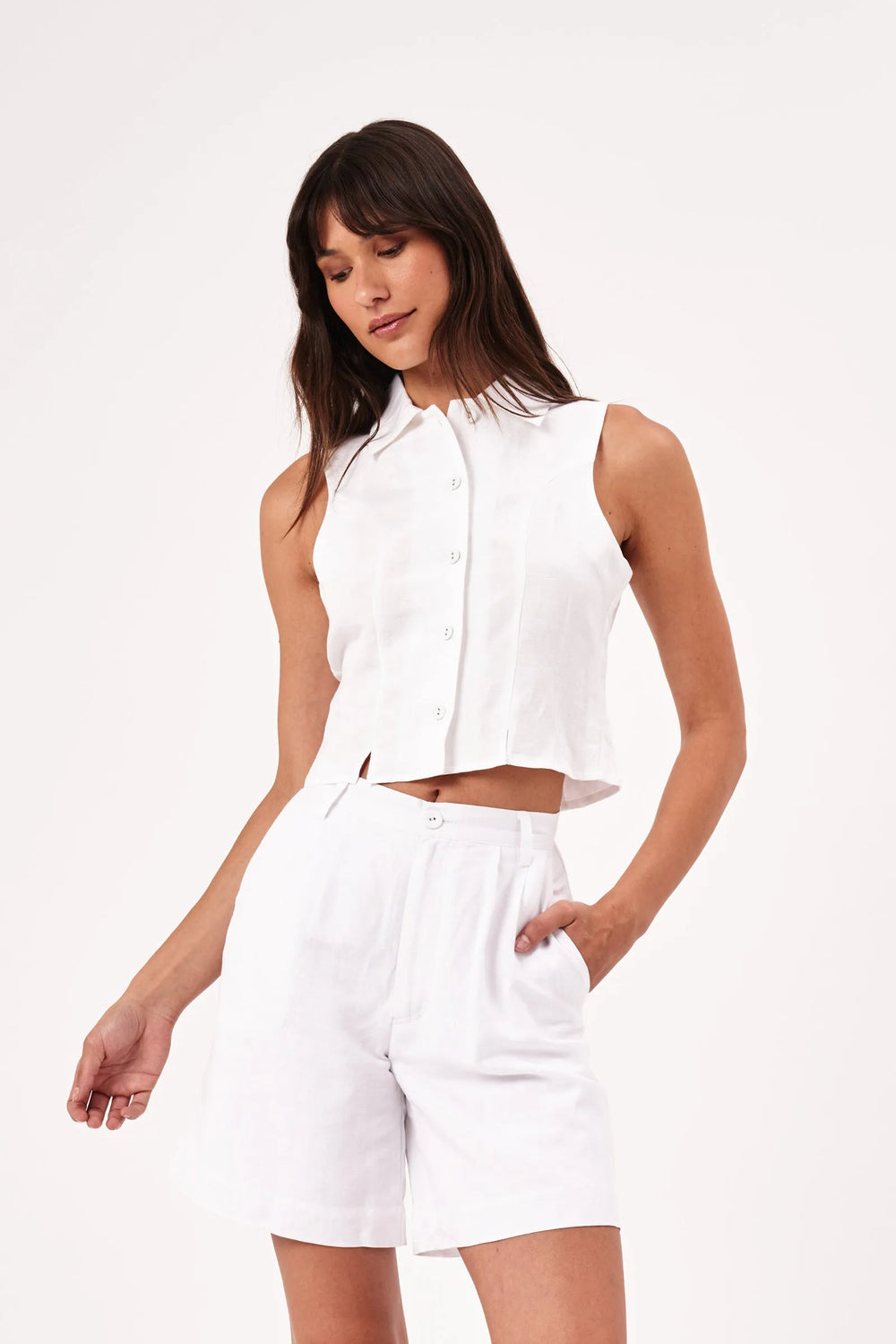 Front view of the white Nina Linen Top by Rolla's