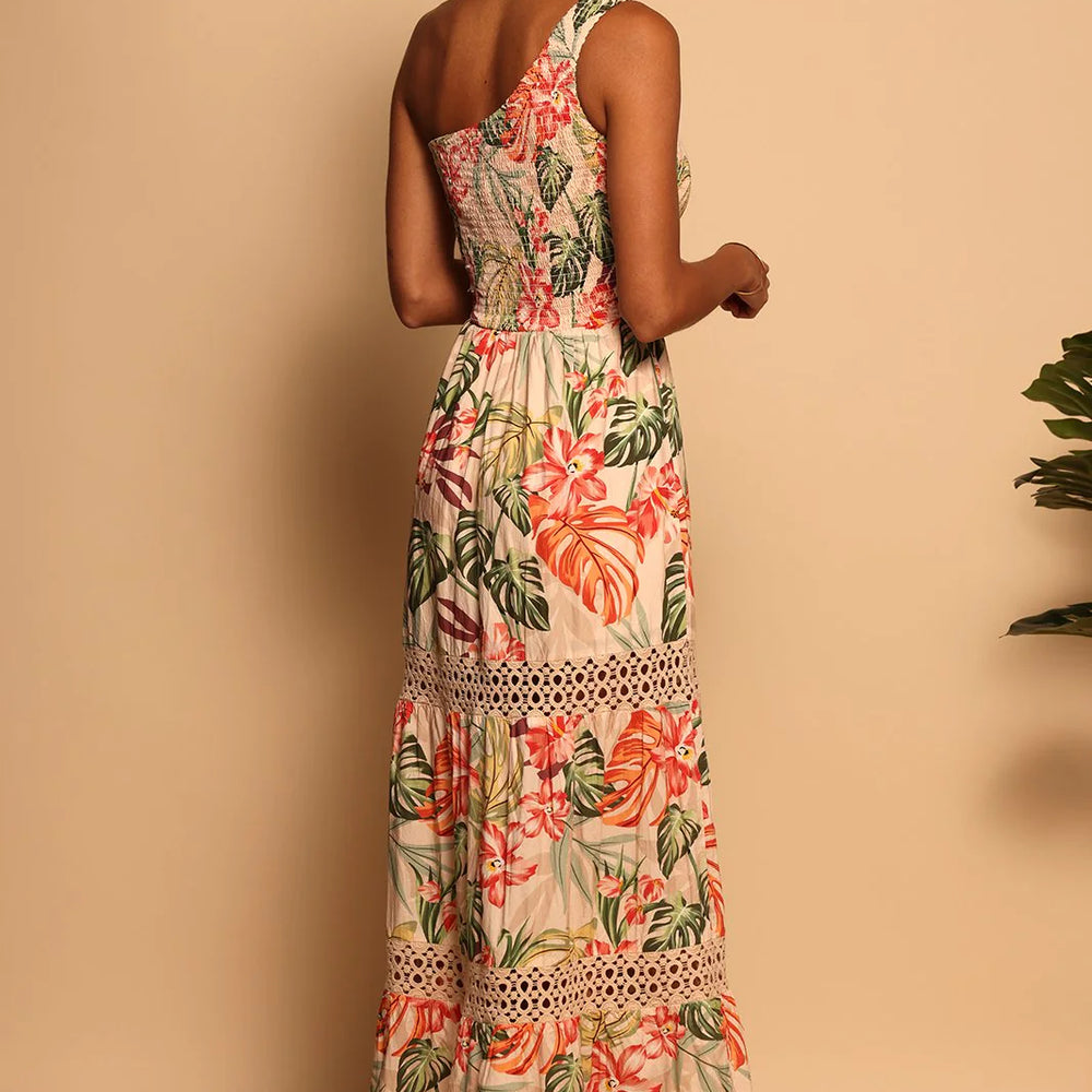 
                      
                        Back view of the Jungle Harmony Ozzy One Shoulder Maxi Dress by Shore
                      
                    